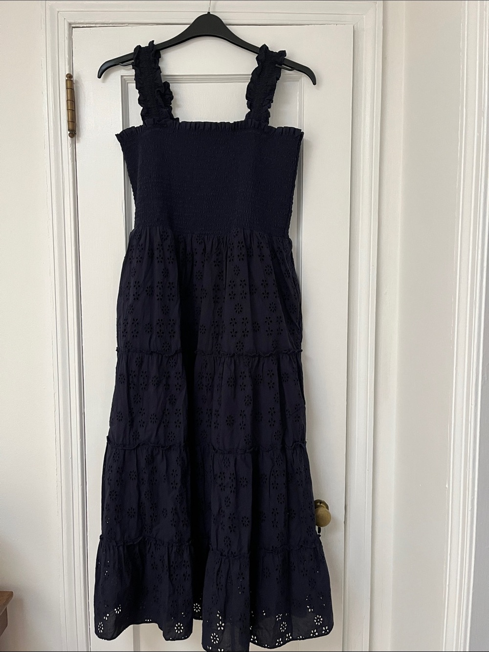 Quince Navy Smocked Eyelet Tiered Midi Dress - Picture 2 of 5